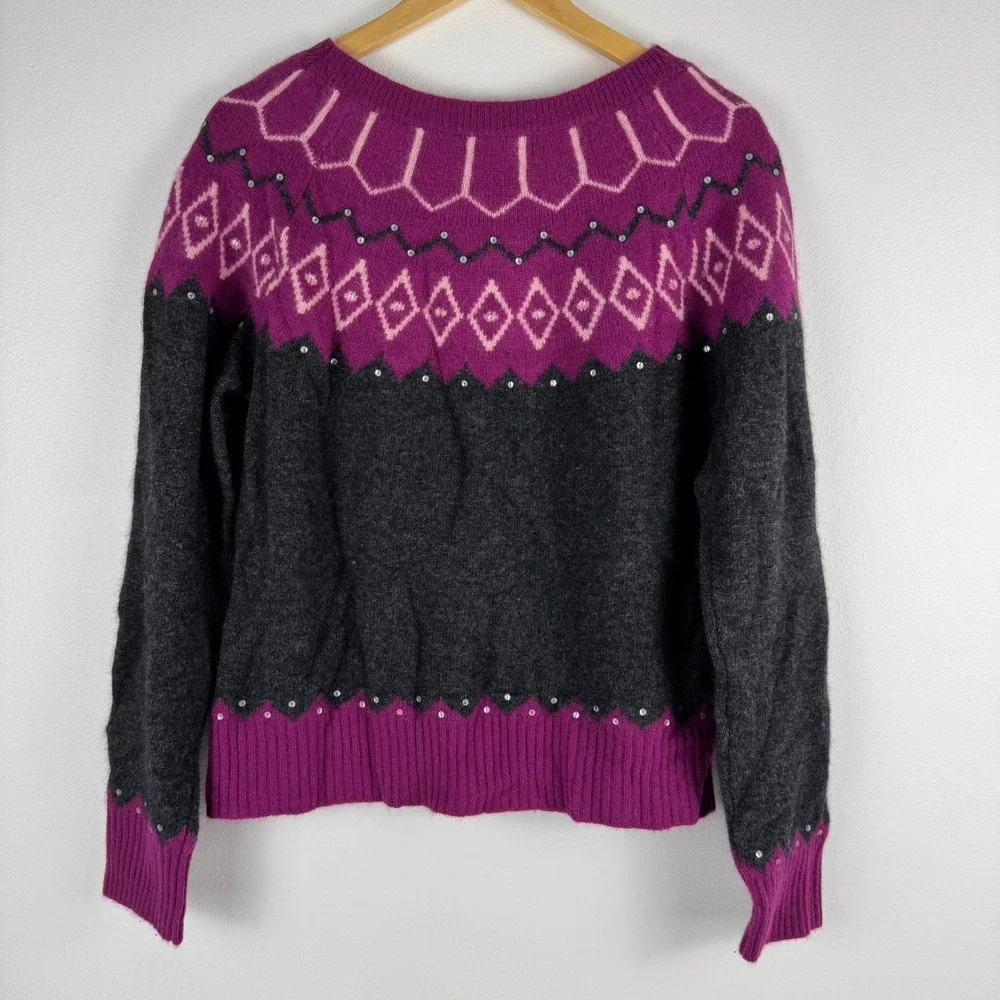 VTG! Context Wool Angora Blend Fair Isle Sequin Sweater Magenta Charcoal Gray XL